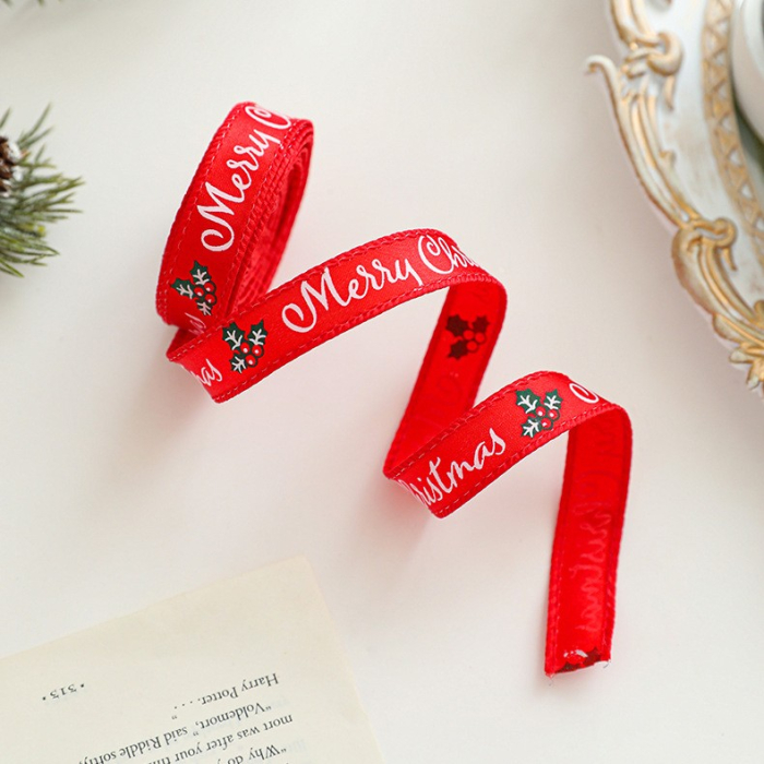 Panglica Decorativa cu Tematica de Craciun, , Set din 4 bucat + 1 Rulon Ata Rosie Alba, Panglica pentru Cadou de Craciun Brad si Decor, 2 M per bucata, Model Acadele, Rosu [3]