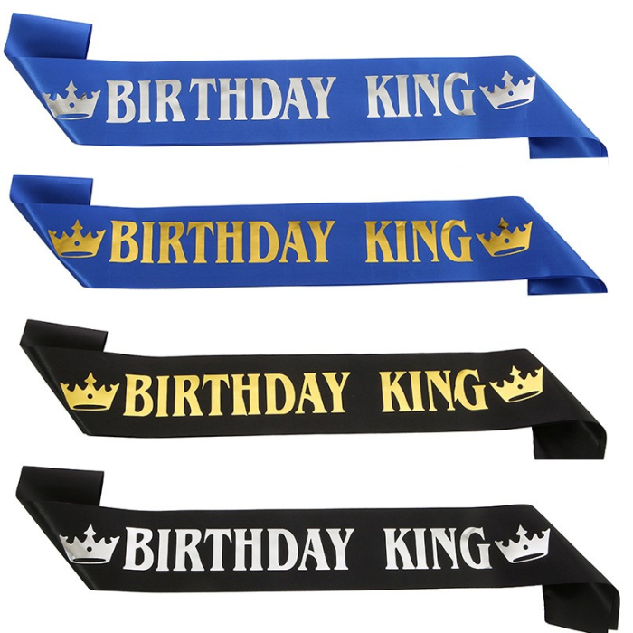 Panglica pentru Aniversare, , Model Birthday King, Tematica Aniversare, 160x9.5 cm, Albastru [9]