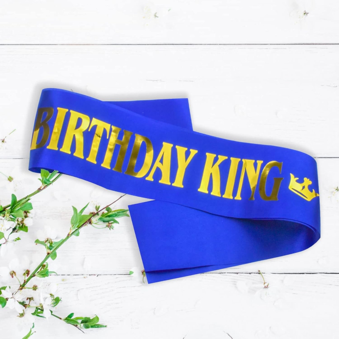 Panglica pentru Aniversare, , Model Birthday King, Tematica Aniversare, 160x9.5 cm, Albastru [5]