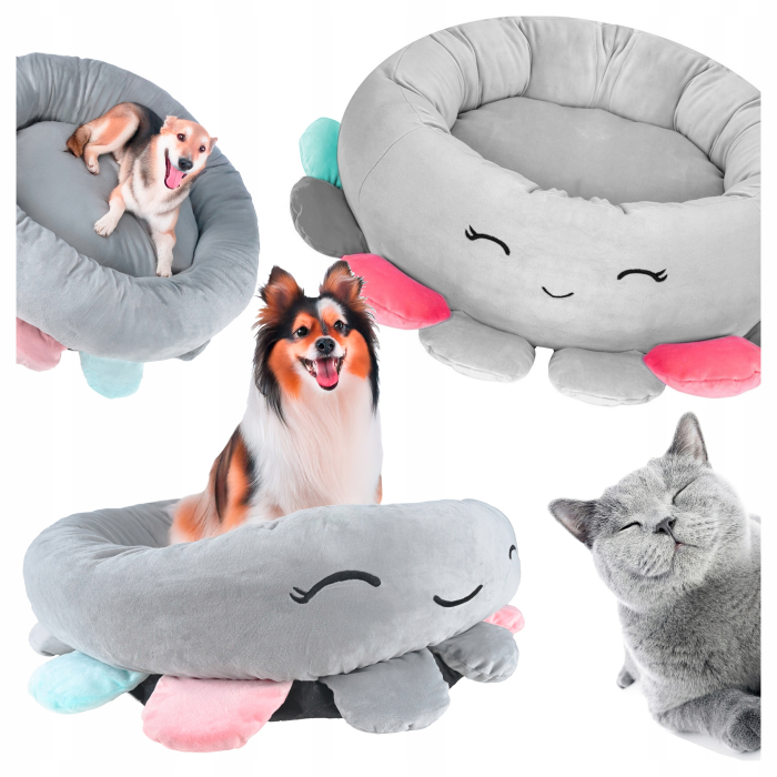 Pat pentru caini, cu margini groase ridicate, antiderapant, model meduza, 70x70x20 cm, gri [2]