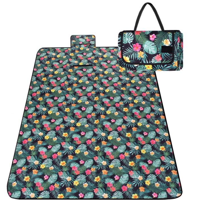Patura pentru picnic sau plaja, cu folie izolatoare si maner, 200x200cm, negru floral [3]