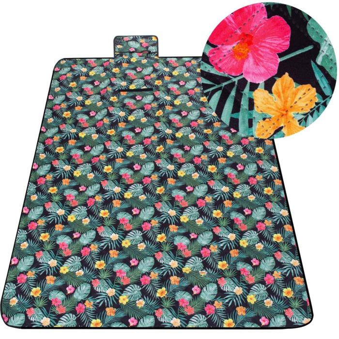 Patura pentru picnic sau plaja, cu folie izolatoare si maner, 200x200cm, negru floral [12]