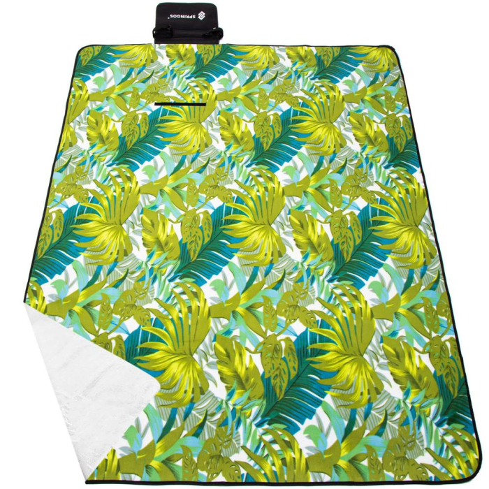 Patura pentru picnic sau plaja, cu folie izolatoare si maner, 200x200cm, model frunze, verde [11]