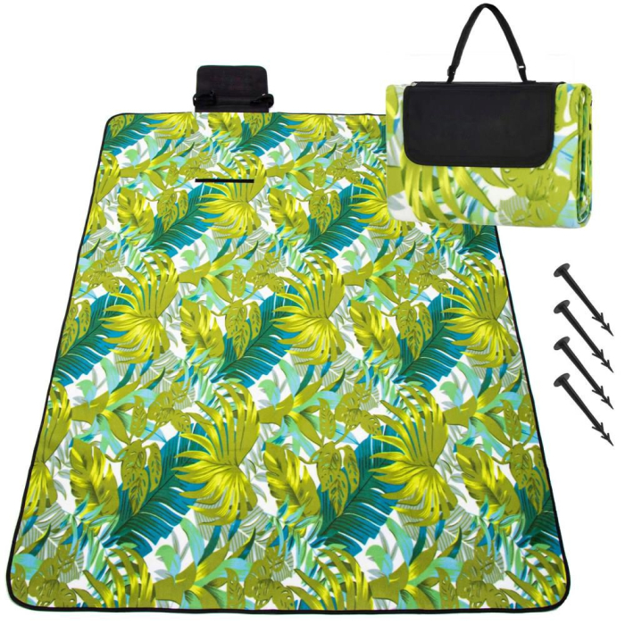Patura pentru picnic sau plaja, cu folie izolatoare si maner, 200x200cm, model frunze, verde [4]