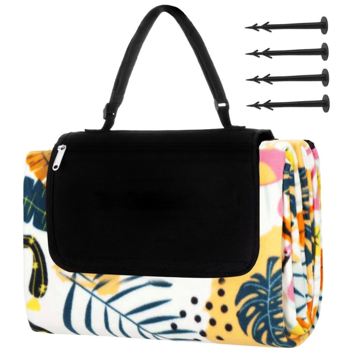 Patura pentru picnic sau plaja, cu folie izolatoare si maner, 150x200cm, model tropical, alb verde [3]