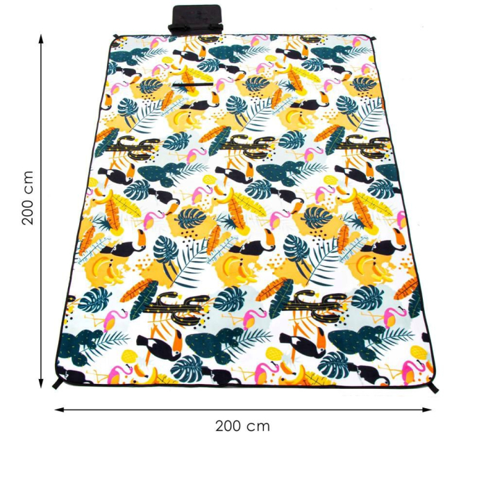 Patura pentru picnic sau plaja, cu folie izolatoare si maner, 200x200cm, model tropical, alb verde [11]