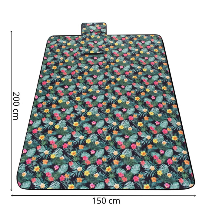 Patura pentru picnic sau plaja, cu folie izolatoare si maner, 200x200cm, negru floral [13]