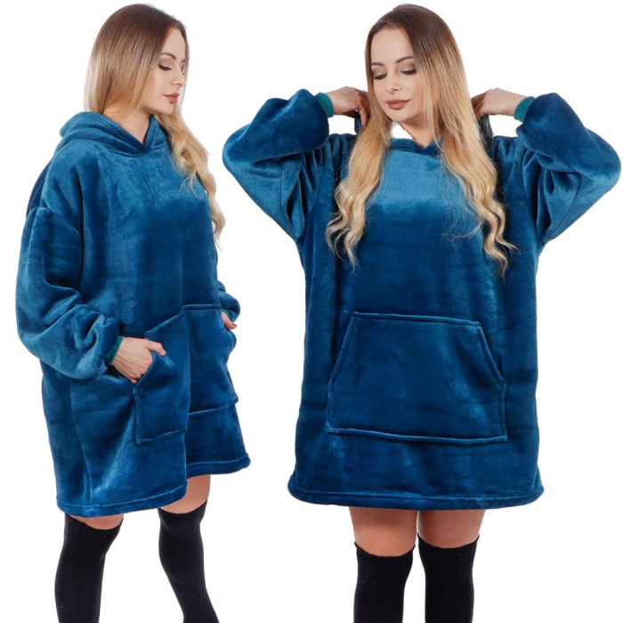 Patura tip hanorac, cu maneci, gluga si buzunare, material plus, marime universala, albastra [23]