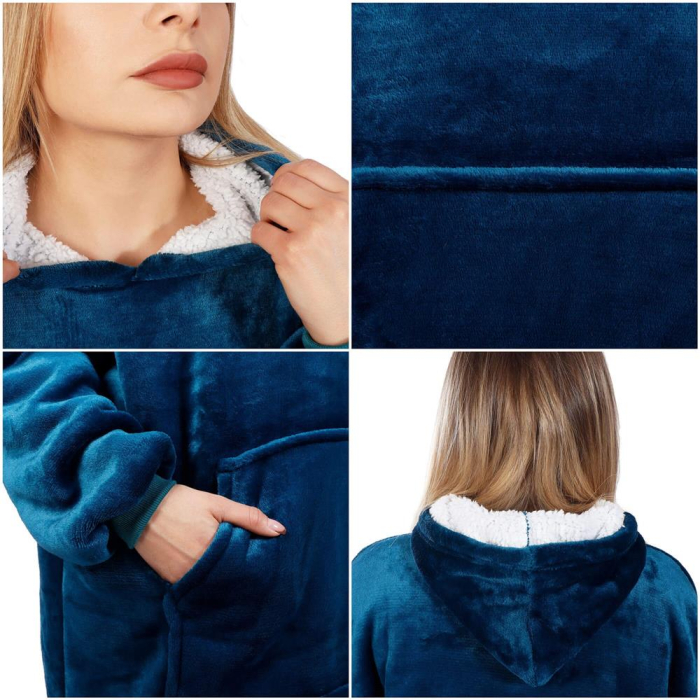 Patura tip hanorac, cu maneci, gluga si buzunare, material plus, marime universala, albastra [9]