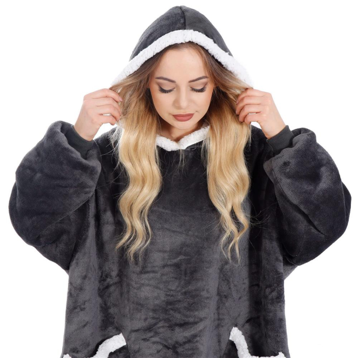 Patura tip hanorac, cu maneci, gluga si buzunare, material plus, marime universala, grafit [3]