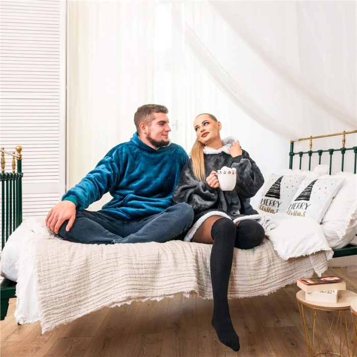 Patura tip hanorac, cu maneci, gluga si buzunare, material plus, marime universala, gri [26]