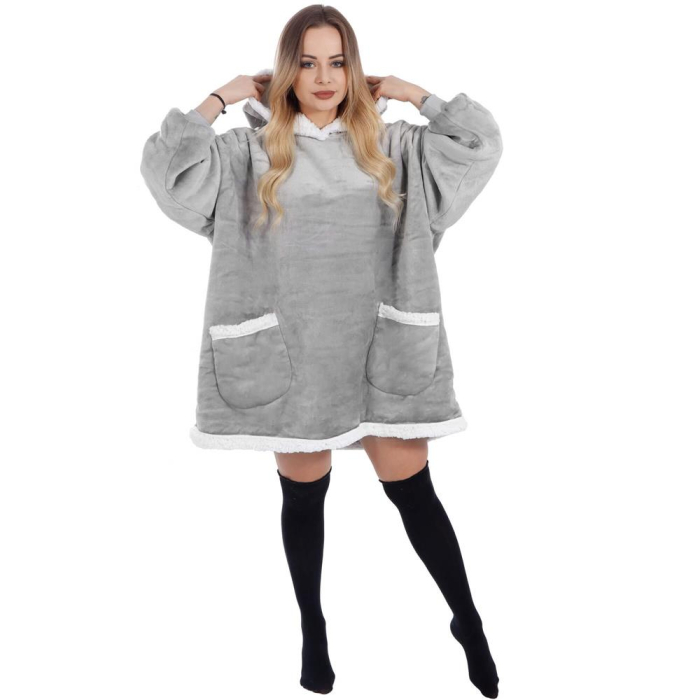 Patura tip hanorac, cu maneci, gluga si buzunare, material plus, marime universala, gri [16]