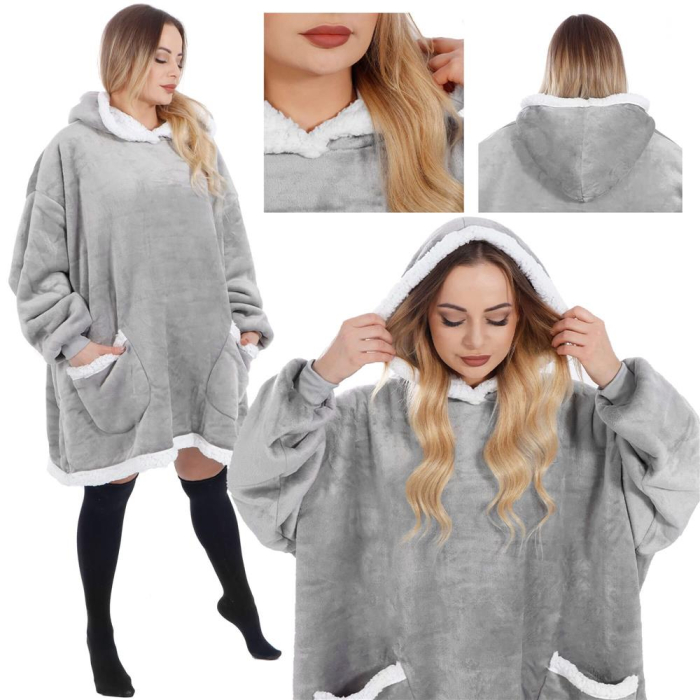 Patura tip hanorac, cu maneci, gluga si buzunare, material plus, marime universala, gri [22]