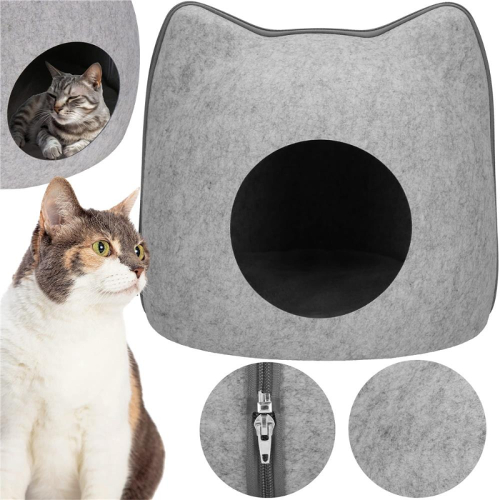 Patut pisici si caini, moale si pufos, antiderapant, perna detasabila, 38x36x36 cm, gri [2]