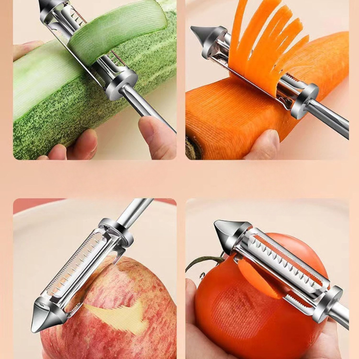 Peeler 2in1 pentru Legume si Fructe, , Multifunctional, cu 2 Lame de Curatati si Feliat, Varf Ascutit pentru Gaurit, 18 cm, din Otel Inoxidabil, Argintiu/Negru [3]