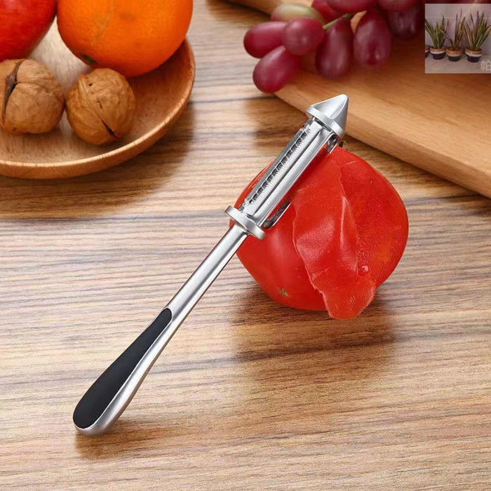 Peeler 2in1 pentru Legume si Fructe, , Multifunctional, cu 2 Lame de Curatati si Feliat, Varf Ascutit pentru Gaurit, 18 cm, din Otel Inoxidabil, Argintiu/Negru [6]