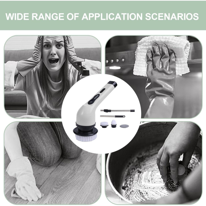 Perie Electrica de Curatare, , pentru Gresie, Baie, Bucatarie, 25x20x9.5 cm, cu 6 Capete, Maner Extensibil Detasabil 84-127cm, Incarcare USB-Type C, Rotire 360 de Grade, 3000 mAh, Culoare: Alb [7]