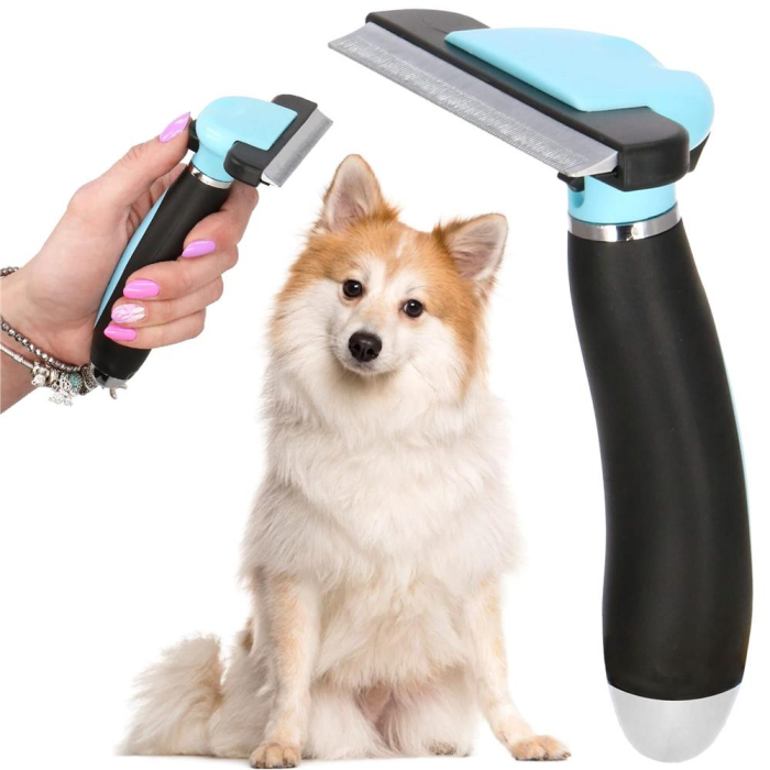 Perie trimmer pentru caini si pisici cu par lung sau scurt, autocuratare, lama 10cm, negru albastru [3]