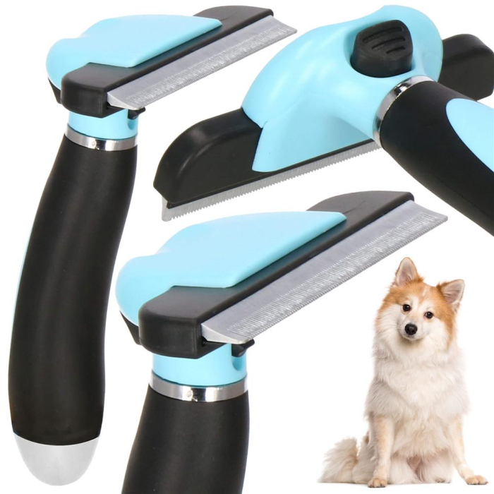 Perie trimmer pentru caini si pisici cu par lung sau scurt, autocuratare, lama 10cm, negru albastru [21]