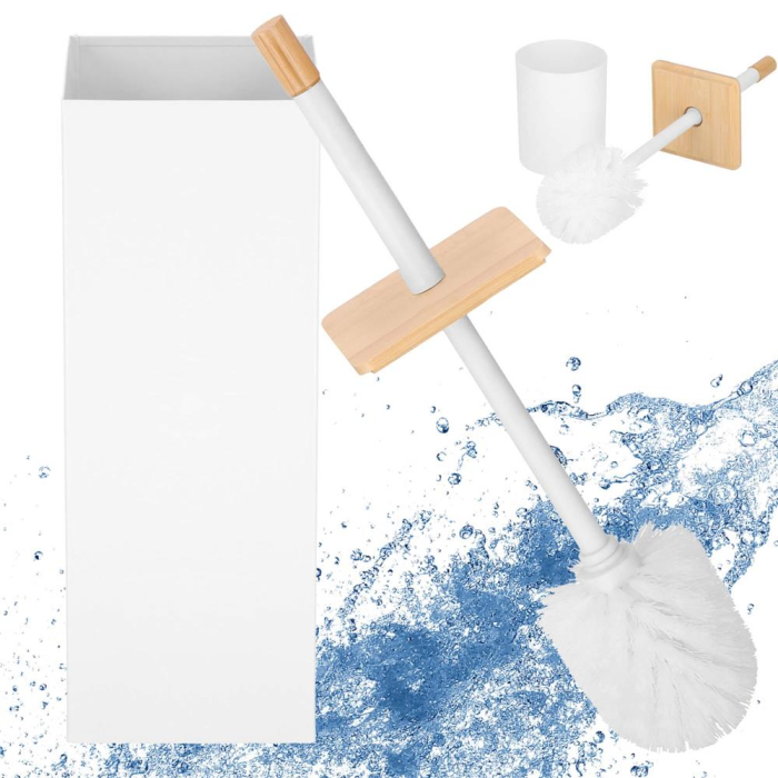 Perie WC cu rezervor detasabil si capac, din metal si bambus, 40 cm, alb [3]