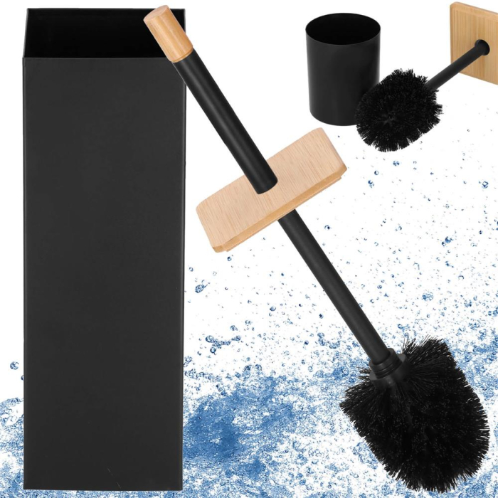 Perie WC cu rezervor detasabil si capac, din metal si bambus, 40 cm, negru [12]