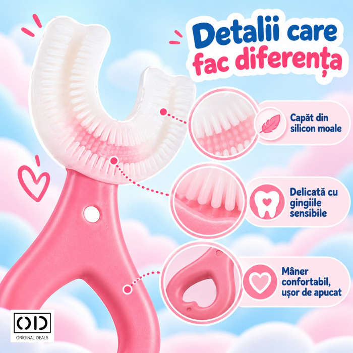 Periuta de Dinti in Forma de U pentru Copii 2-6 Ani, Silicon cu Peri Moi, 9 cm, Roz, Maner Inima, ORIGINAL DEALS [4]