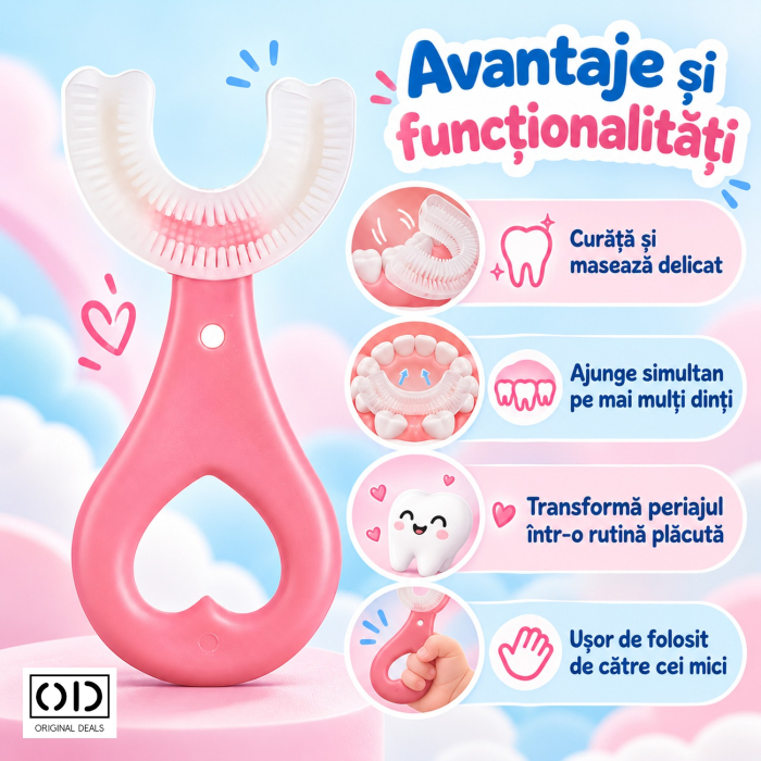 Periuta de Dinti in Forma de U pentru Copii 2-6 Ani, Silicon cu Peri Moi, 9 cm, Roz, Maner Inima, ORIGINAL DEALS [6]