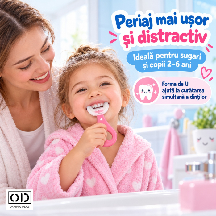 Periuta de Dinti in Forma de U pentru Copii 2-6 Ani, Silicon cu Peri Moi, 9 cm, Roz, Maner Inima, ORIGINAL DEALS [2]