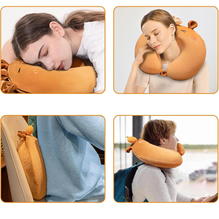 Perna de Calatorie in Forma de U, , Pentru Gat si Cap, Umplutura din Spuma cu Memorie, 30x30 cm, Model Capybara, Accesoriu de Voiaj, Birou, Masina, Sistem Prindere Capse, Maro [2]
