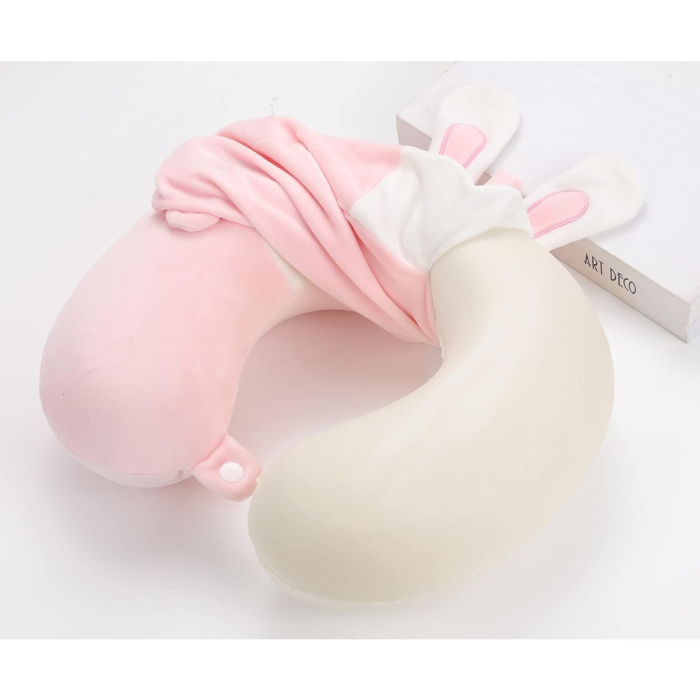Perna de Calatorie in Forma de U, , Pentru Gat si Cap, Umplutura din Spuma cu Memorie, 30x30 cm, Model Iepuras, Accesoriu de Voiaj, Birou, Masina, Sistem Prindere Capse, Roz-Alb [2]