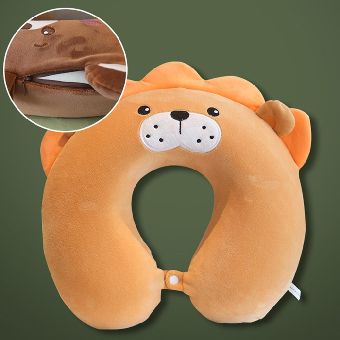 Perna de Calatorie in Forma de U, , Pentru Gat si Cap, Umplutura din Spuma cu Memorie, 30x30 cm, Model Leu, Accesoriu de Voiaj, Birou, Masina, Sistem Prindere Capse, Maro [2]