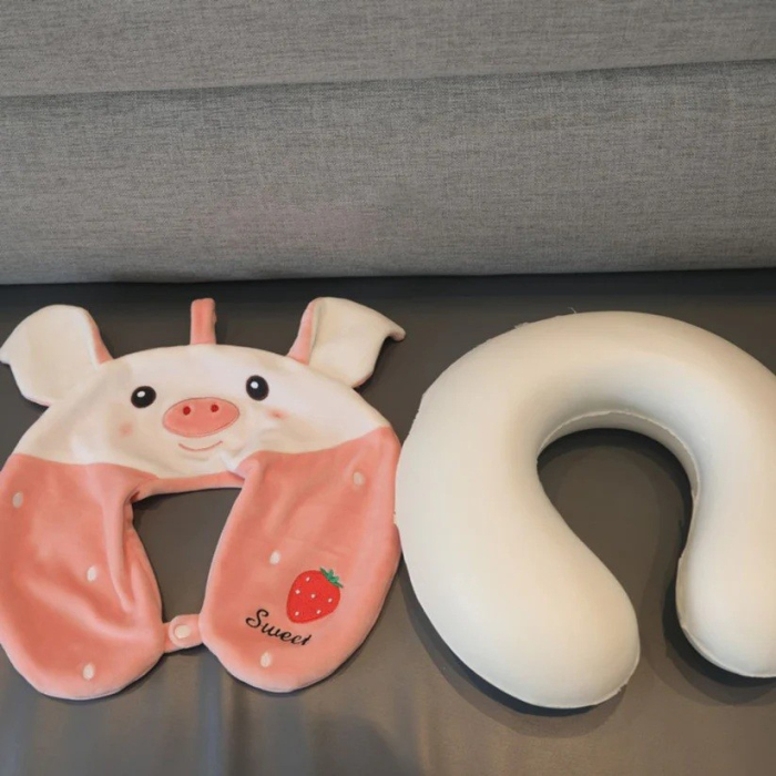 Perna de Calatorie in Forma de U, , Pentru Gat si Cap, Umplutura din Spuma cu Memorie, 30x30 cm, Model Purcelus, Accesoriu de Voiaj, Birou, Masina, Sistem Prindere Capse, Alb-Roz [6]