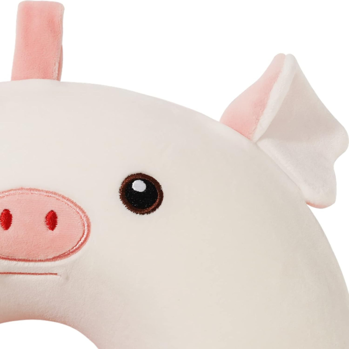 Perna de Calatorie in Forma de U, , Pentru Gat si Cap, Umplutura din Spuma cu Memorie, 30x30 cm, Model Purcelus, Accesoriu de Voiaj, Birou, Masina, Sistem Prindere Capse, Alb-Roz [4]