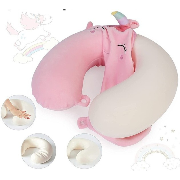 Perna de Calatorie in Forma de U, , Pentru Gat si Cap, Umplutura din Spuma cu Memorie, 30x30 cm, Model Unicorn, Accesoriu de Voiaj, Birou, Masina, Sistem Prindere Capse, Roz [5]
