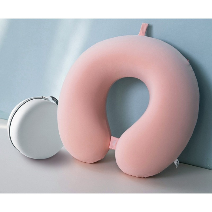 Perna de Calatorie in Forma de U, , Pentru Gat si Cap, Umplutura din Spuma cu Memorie, 30x30 cm, Sistem Prindere Capse, Cutie de Depozitare, Roz [4]