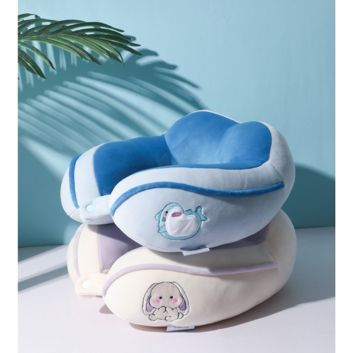 Perna de Calatorie, , Pentru Gat si Cap, Umplutura din Bumbac, 28x28x10 cm, cu Model Brodat Delfin, Albastru [2]