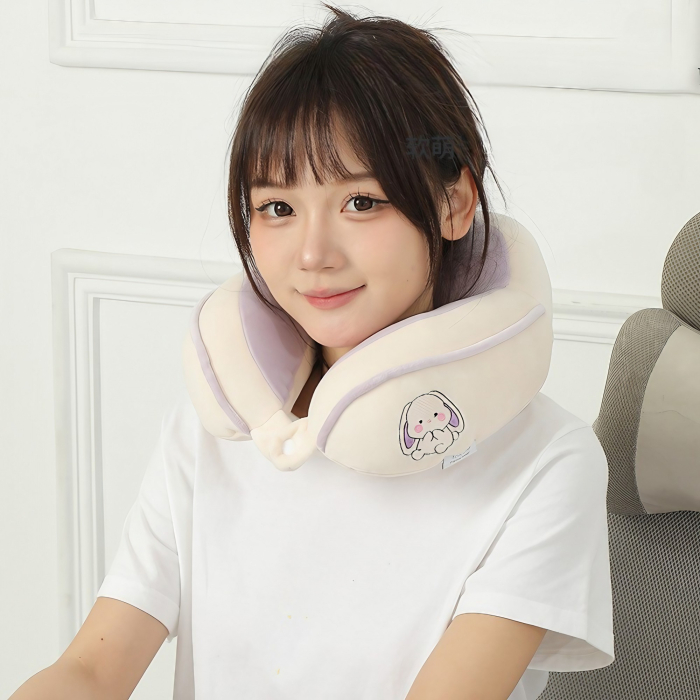 Perna de Calatorie, , Pentru Gat si Cap, Umplutura din Bumbac, 28x28x10 cm, cu Model Brodat Iepure, Lila [10]