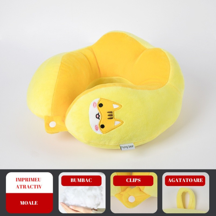 Perna de Calatorie, , Pentru Gat si Cap, Umplutura din Bumbac, 28x28x10 cm, cu Model Brodat Pisica, Galben [2]