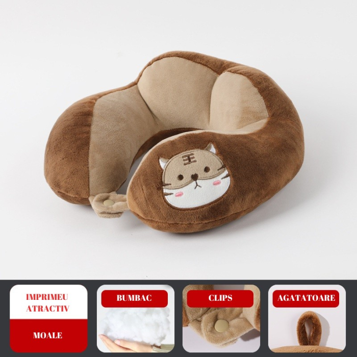 Perna de Calatorie, , Pentru Gat si Cap, Umplutura din Bumbac, 28x28x10 cm, cu Model Brodat Pisica, Maro [3]