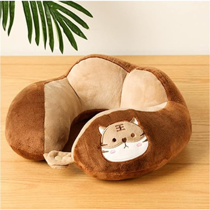 Perna de Calatorie, , Pentru Gat si Cap, Umplutura din Bumbac, 28x28x10 cm, cu Model Brodat Pisica, Maro [2]