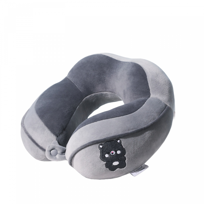 Perna de Calatorie, , Pentru Gat si Cap, Umplutura din Bumbac, 28x28x10 cm, cu Model Brodat Urs, Gri [4]