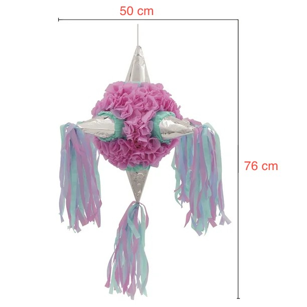 Pinata Rotunda pentru Petrecere, , Detalii Argintii, din Hartie si Carton, Pinata pentru Copii, 76 x 50 x 50 cm, Roz [2]