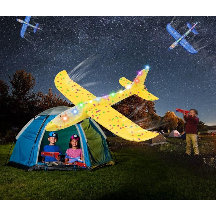 Pistol cu Lansator de Avion, , din Polistiren+Plastic, +3 Ani, Avion 38 cm, Lansare 10 m, cu Lumini si Roti, Galben/Albastru [2]