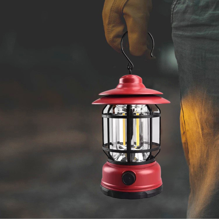 Portable camping light, vintage lantern with hook, ABS, 21 COB LED lighting, adjustable intensity, 5W, reversible, red rechargeable [4]