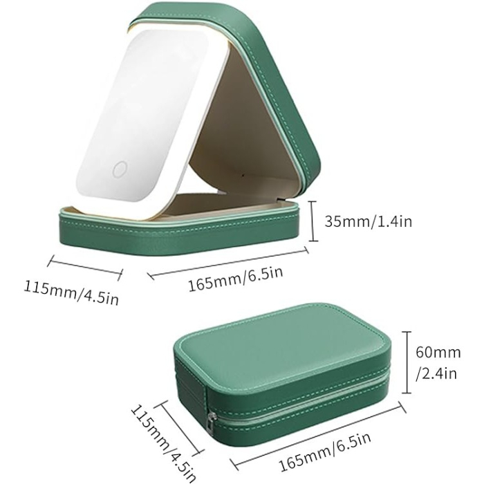 Portfard, , Geanta Cosmetice, cu Oglinda LED, 3 Moduri de Lumina, Incarcare USB, Baterie 1200 mAh, pentru Organizarea Cosmeticelor, 4 Compartimente, Imitatie Piele, Verde, 16.5x11.5x6 cm [5]
