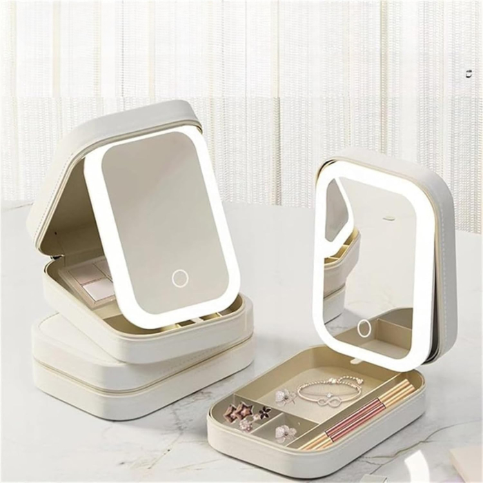 Portfard, , Geanta Cosmetice, cu Oglinda LED, 3 Moduri de Lumina, Incarcare USB, Baterie 1200 mAh, pentru Organizarea Cosmeticelor, 4 Compartimente, Imitatie Piele, Alb, 16.5x11.5x6 cm [6]