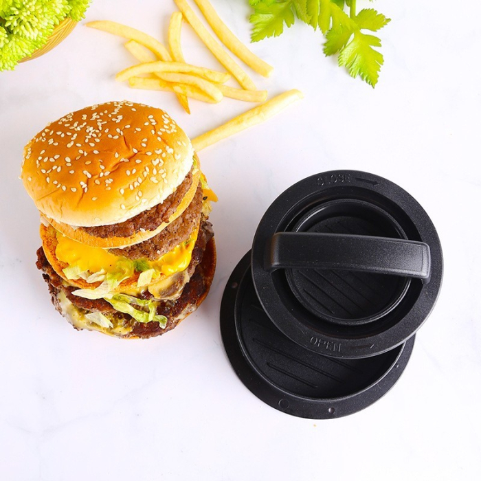 Presa dubla pentru hamburgeri 2 in 1, forma si presa, doua dimensiuni, cu maner, usor de curatat si folosit, material ABS, 100 de foi hartie de copt incluse, 13x13.5x7 cm, fara lipire, neagra [5]