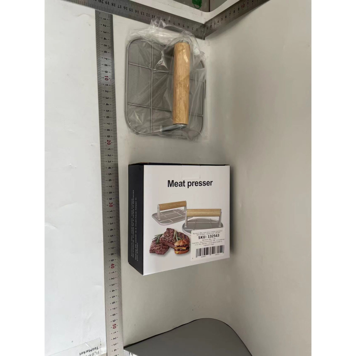 Presa Manuala pentru Carne, , din Aliaj de Aluminiu, Maner din Lemn, Presa pentru Burgeri, Usor de Curatat si Folosit, Patrata, 16x16x6 cm, Gri [2]