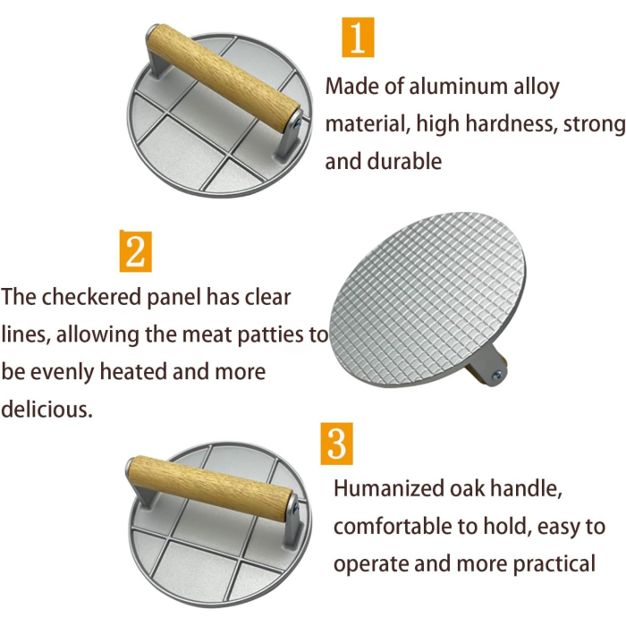 Presa Manuala pentru Carne, , din Aliaj de Aluminiu, Maner din Lemn, Presa pentru Burgeri, Usor de Curatat si Folosit, Rotunda, 16x16x6 cm, Gri [5]