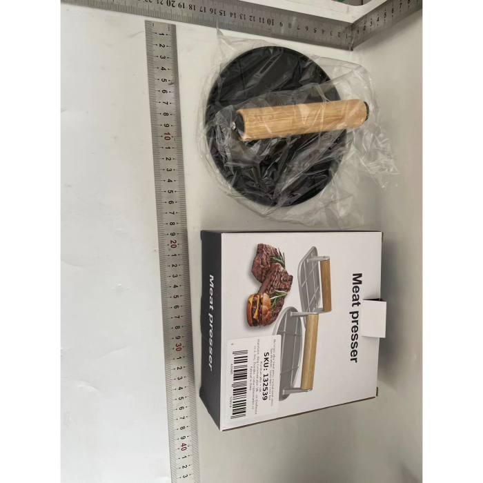 Presa Manuala pentru Carne, , din Aliaj de Aluminiu, Maner din Lemn, Presa pentru Burgeri, Usor de Curatat si Folosit, Rotunda, 16x16x6 cm, Neagra [2]